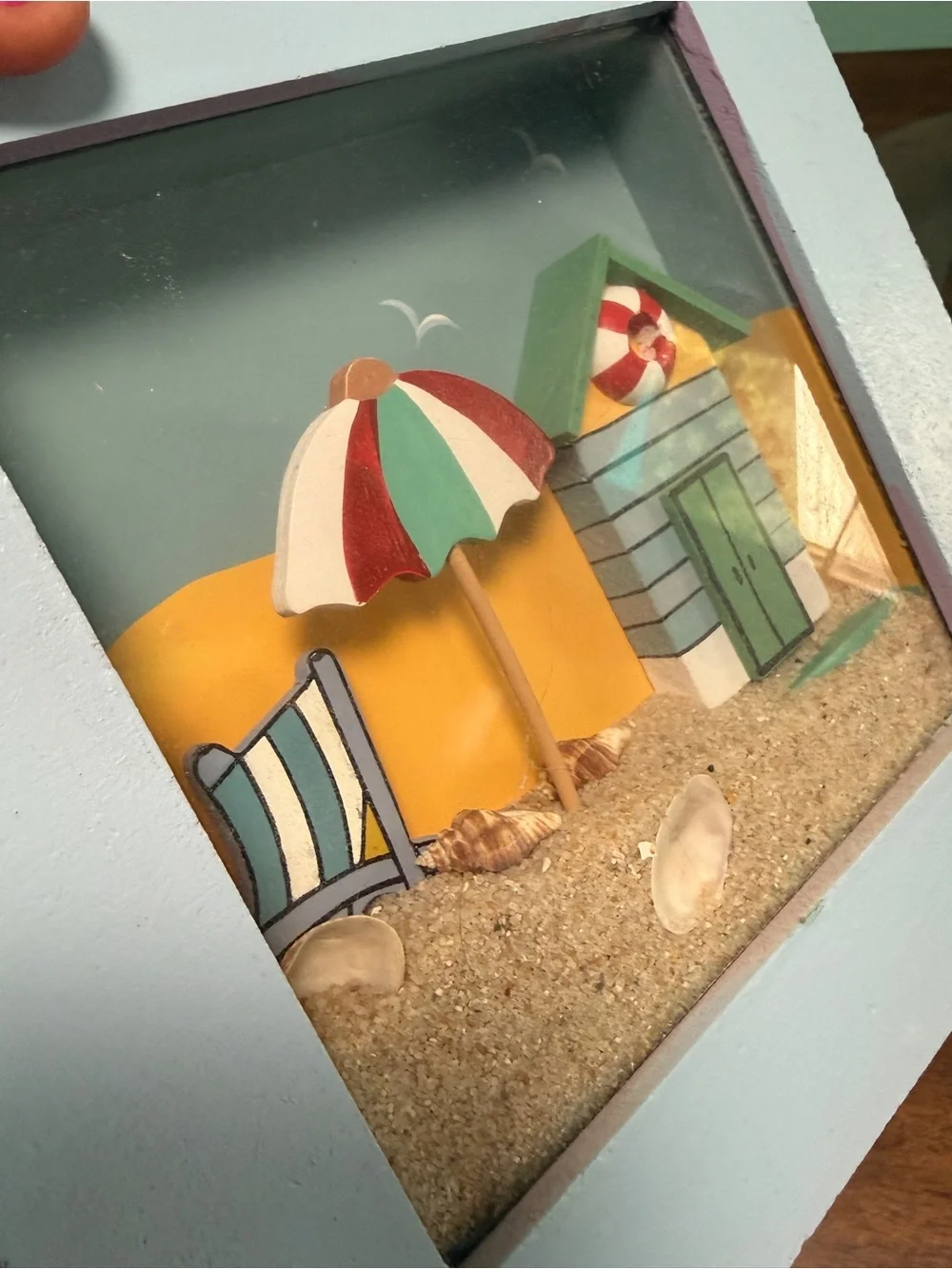 Source Unknown Light Blue Coastal Shadow Box Pair with Multi-Color Umbrella